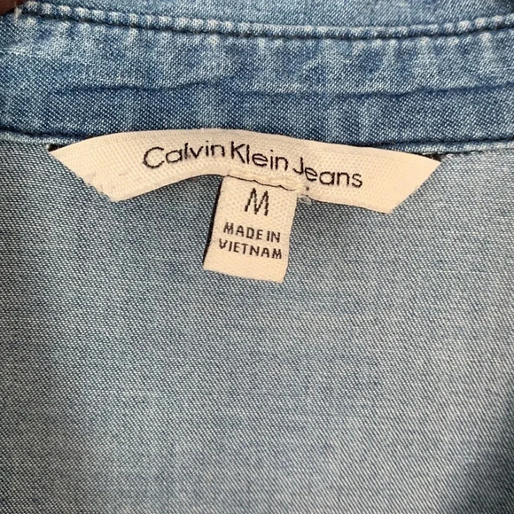 Calvin Klein Chambray Shirt Dress 100% Cotton Button Up Blue Quarter Sleeve Med - Picture 7 of 14